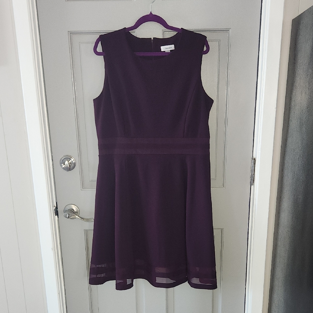 Calvin Klein Burgundy (Eggplant) A-Line Dress W/Mesh Hemline Sz. 16